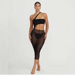 NWT Riot Swim Mila Asymmetrical Cutout Sheer Mesh Coverup Midi Dress Black LARGE